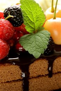 Cake Chocolate Frosting Berries Cherries Raspberries Currants Blackberries Mint Sweet Dessert wallpaper