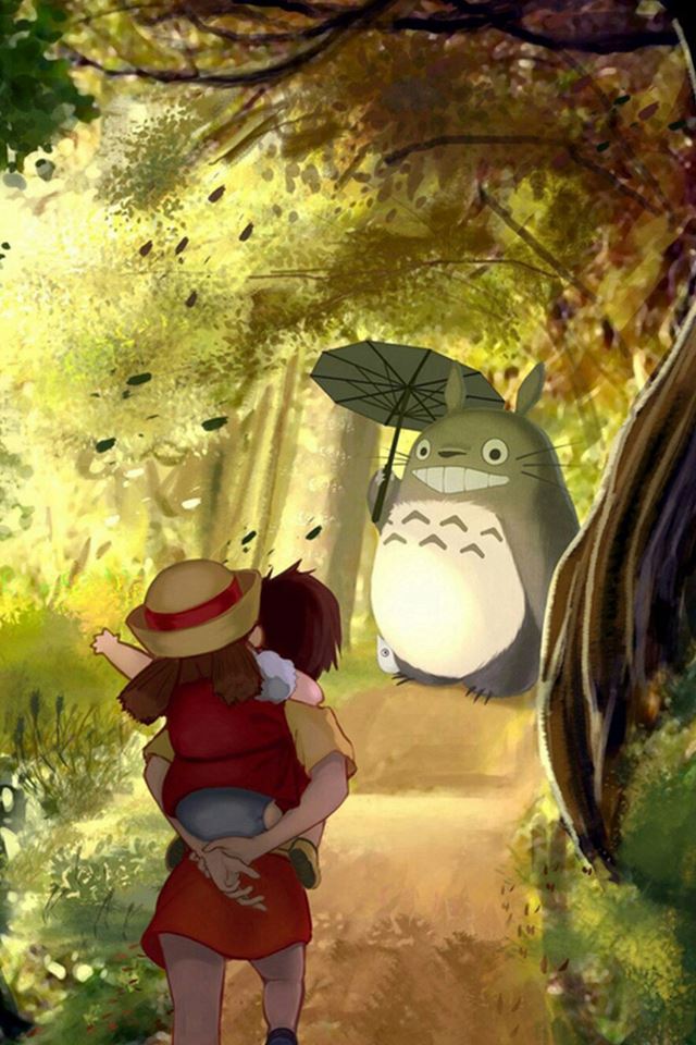 Grove Totoro With Umbrella Waiting Kids Road Anime Cartoon Cute Film iPhone 4s wallpaper 
