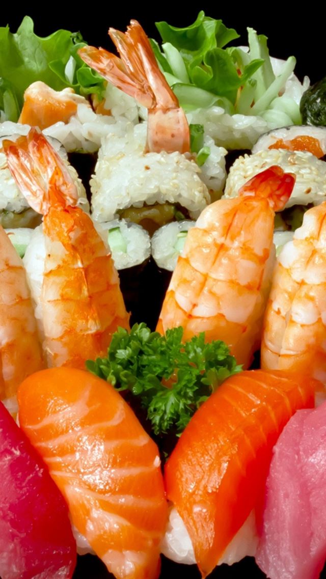 640x960 Rolls Sushi Plate A Lot Seafood - yummy iPhone 4s Wallpaper