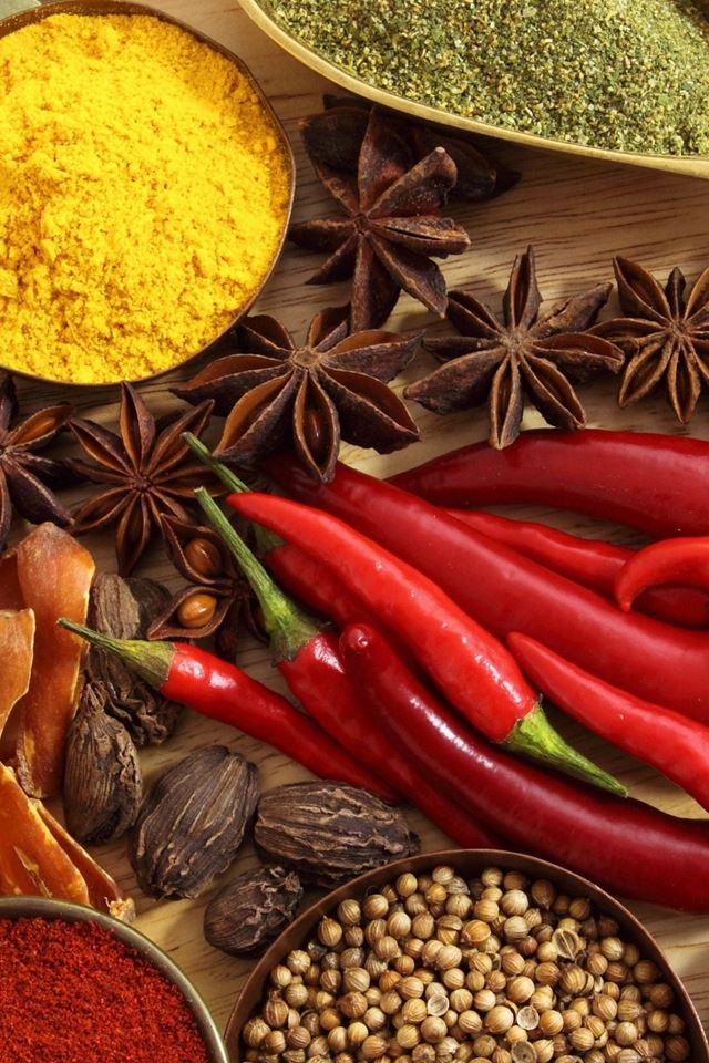Spices Seasonings Red Pepper Black Pepper Star Anise Onion Ginger Garlic Walnuts Bay Leaf iPhone 4s wallpaper 