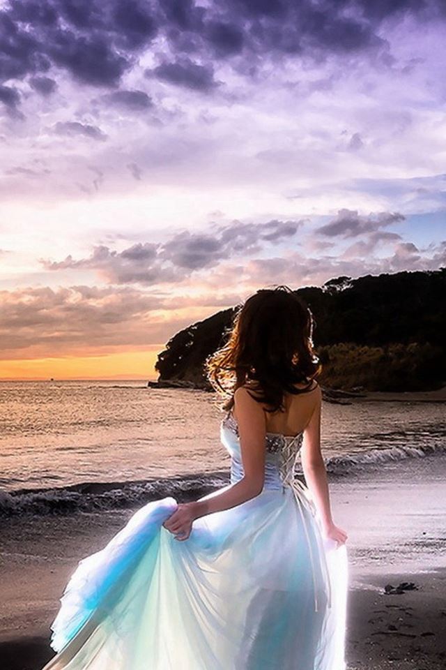 640x960 Sunset Wave Dress Beach Girl Back - back iPhone 4s Wallpaper