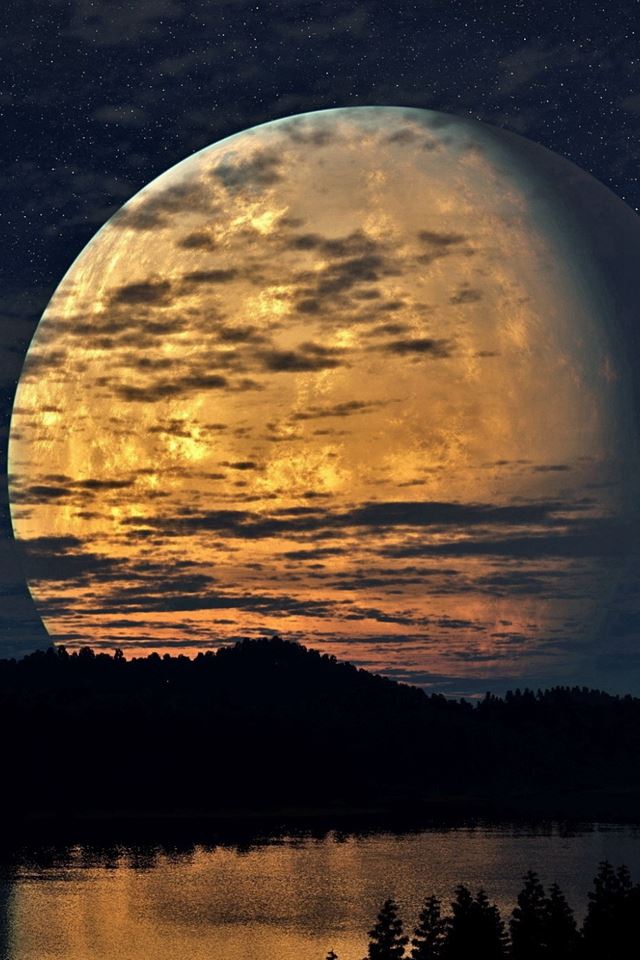 640x960 Night Sky Moon Trees River Reflection - moon iPhone 4s Wallpaper