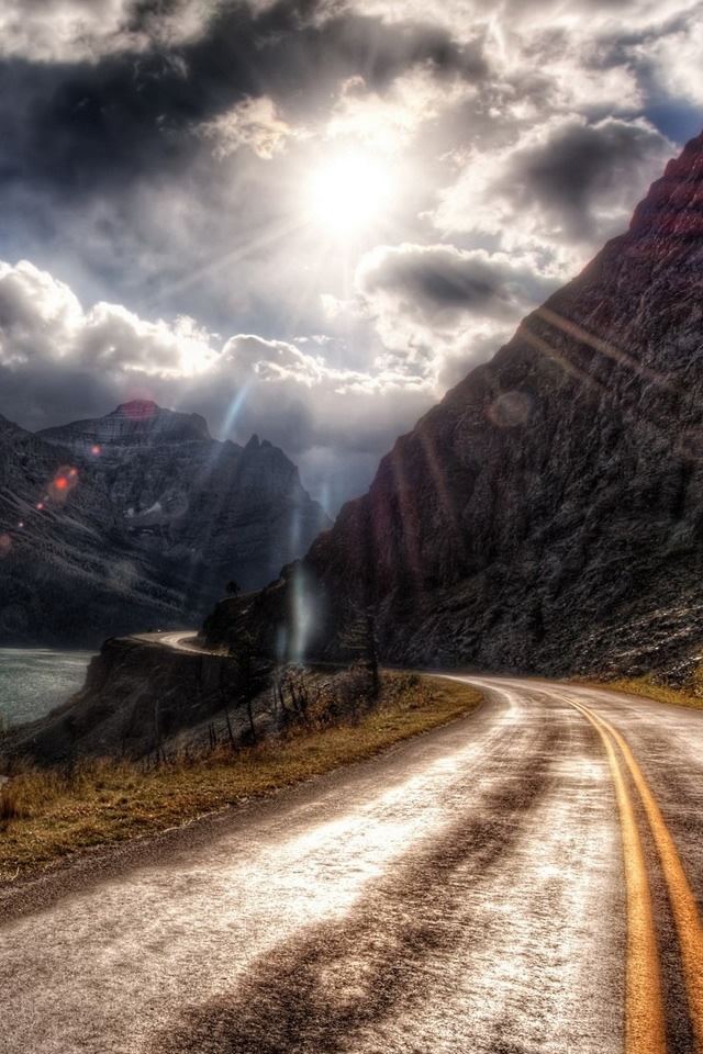 640x960 Hdr Mountain Road - sun iPhone 4s Wallpaper