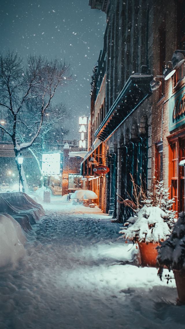 1080x1920 snow covered plant and road in front of cafe - winter iPhone 8 Wallpaper