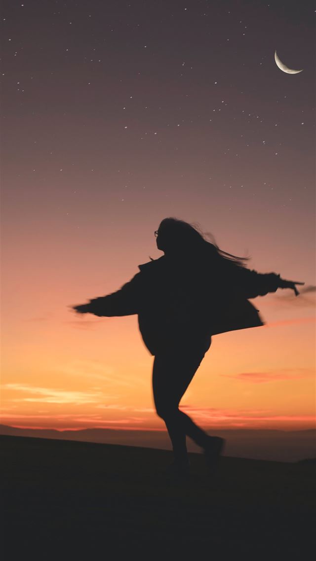 1080x1920 silhouette of woman running during golden hour - moon iPhone 8 Wallpaper