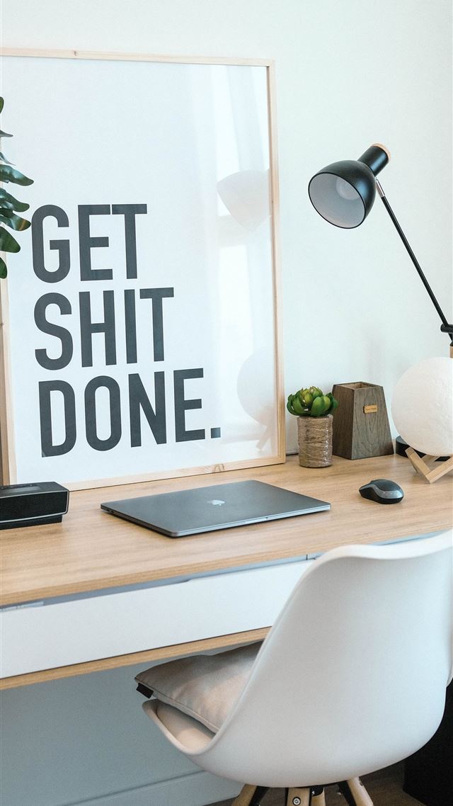 1080x1920 brown and white wooden desk with chair and laptop - quotes iPhone 8 Wallpaper