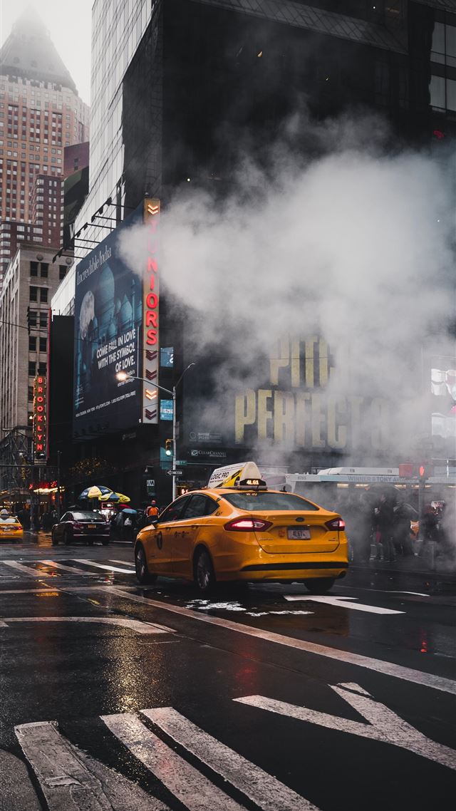 1284x2778 yellow taxi sedan on gray concrete street passed t... - smoke iPhone 8 Wallpaper