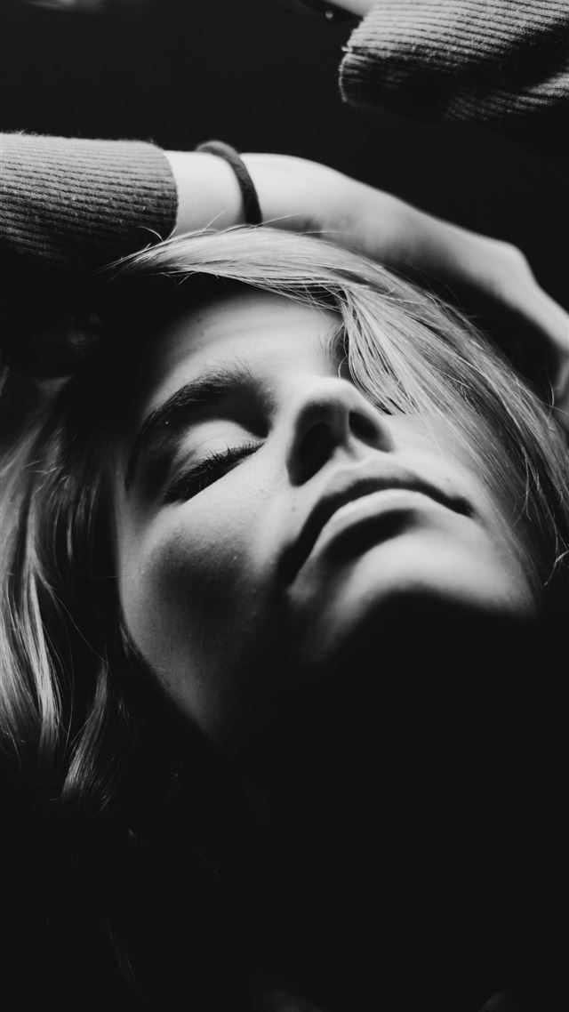 1284x2778 grayscale photography of closed eyes woman while r... - black iPhone 8 Wallpaper