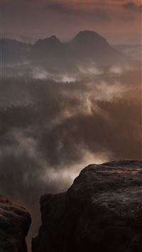 rock hill fog clouds forest sunset 5k wallpaper