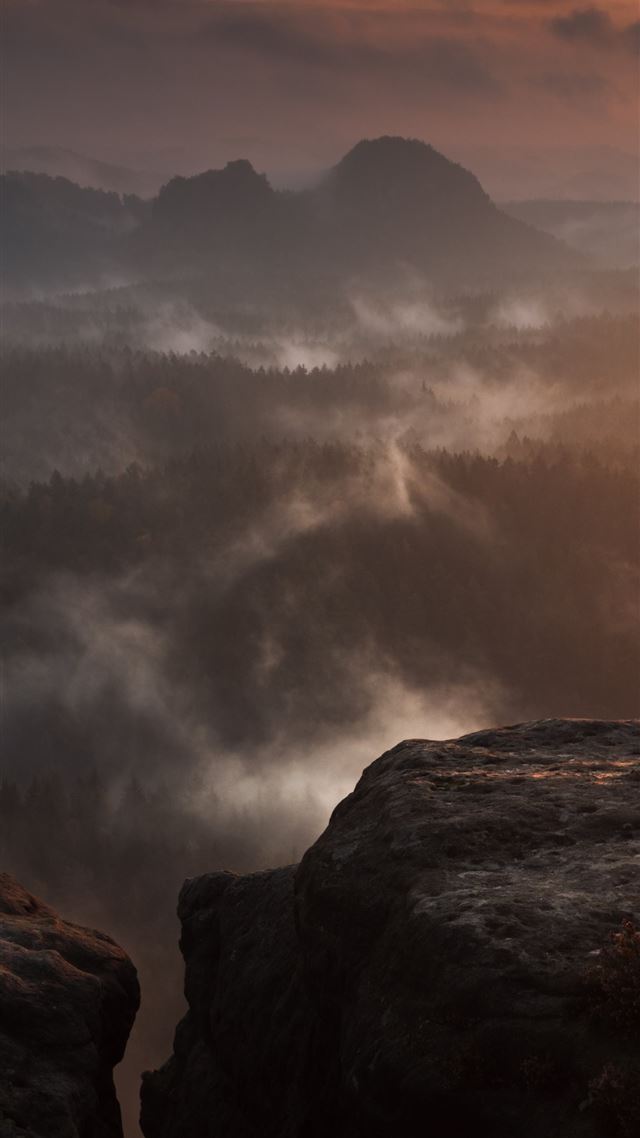 1080x1920 rock hill fog clouds forest sunset 5k - fog iPhone 8 Wallpaper