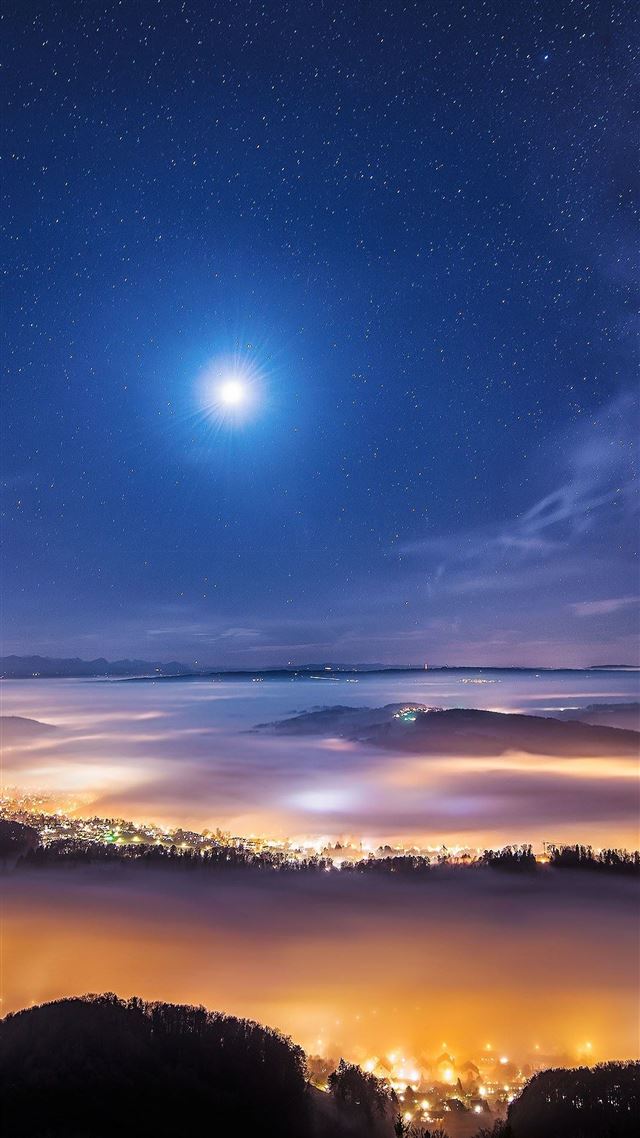1080x1920 Foggy Town Under The Stars - moon iPhone 8 Wallpaper