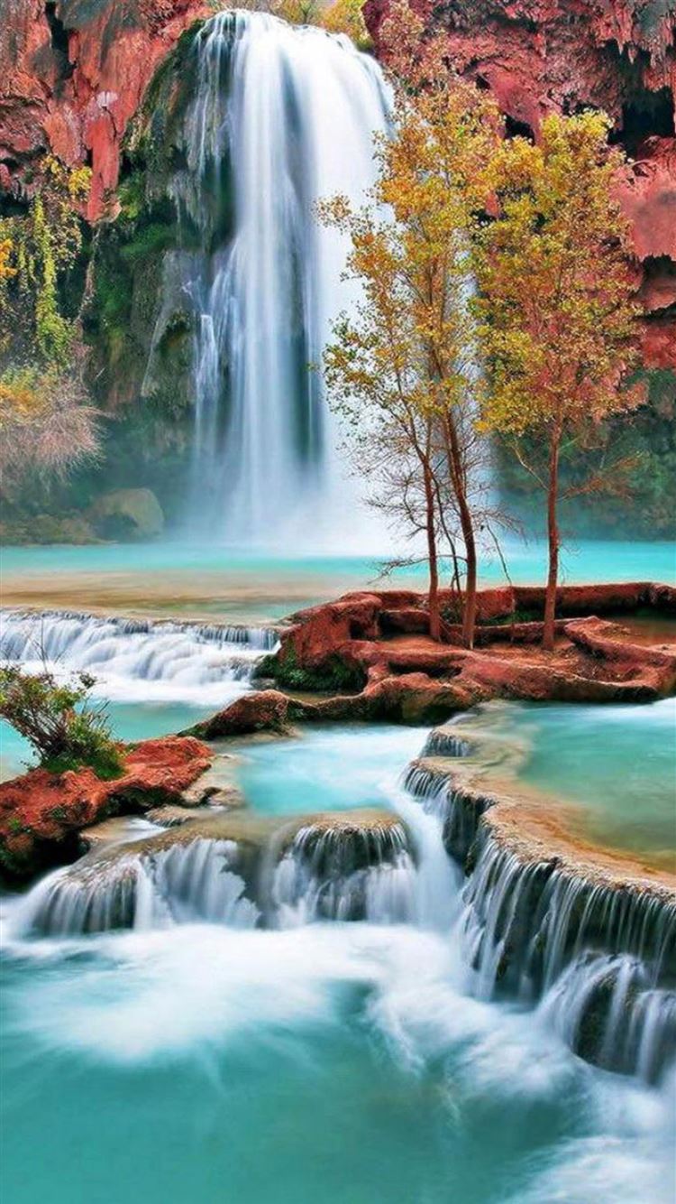 Nature Autumn Waterfall Landscape iPhone 8 Wallpapers Free Download