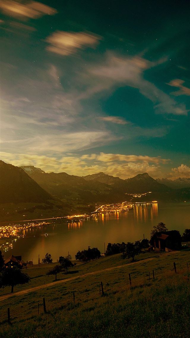 1080x1920 Lake Mountain City Village Night Light Nature - brown iPhone 8 Wallpaper