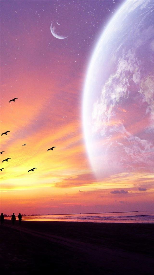 1080x1920 Spectacular Sunset Starry Outer Space Scene Sea Beach - night iPhone 8 Wallpaper