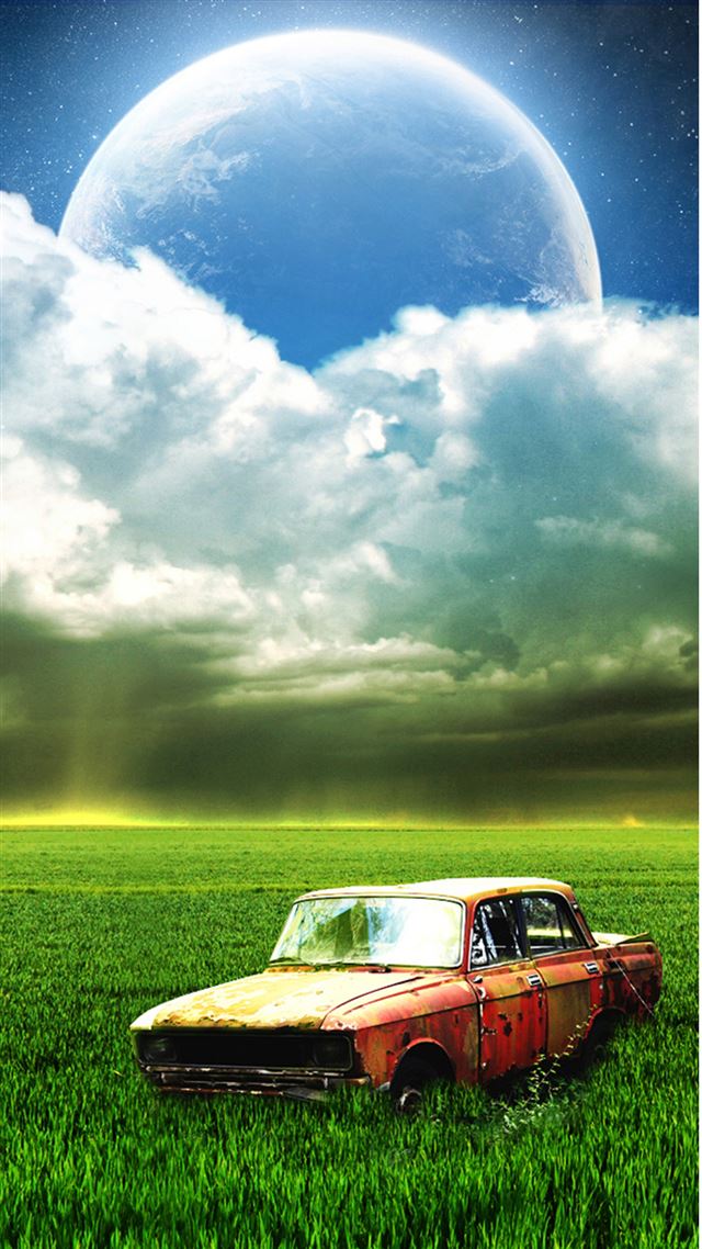 1080x1920 Vintage Old Car Grassland Outer Space Cloudy Shiny Planet - retro iPhone 8 Wallpaper