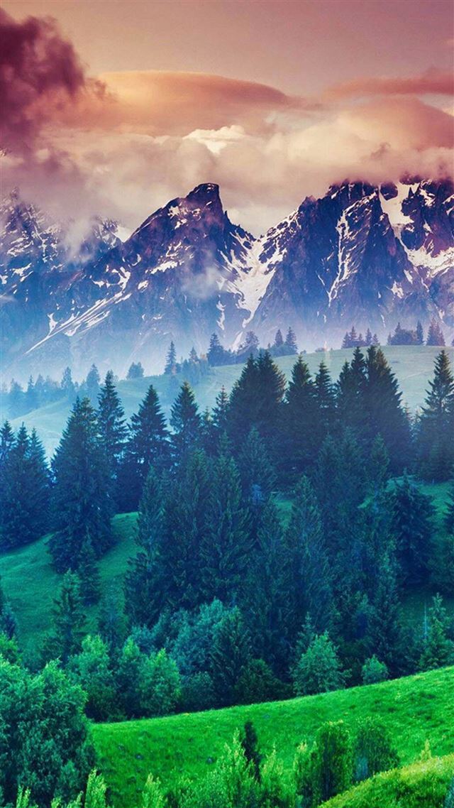 1080x1920 Forest Hills Snowy Mountains And Sunset Clouds - skyscape iPhone 8 Wallpaper