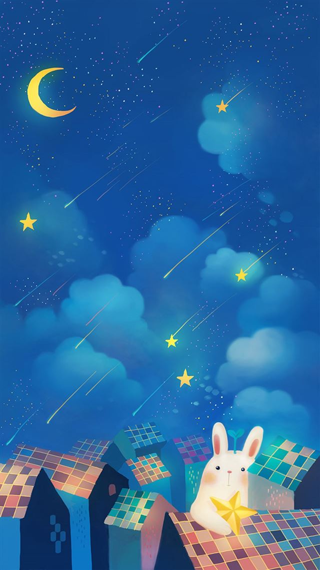 1080x1920 Romantic Night Moon Star Clouds Sky Rabbit House Top - night iPhone 8 Wallpaper