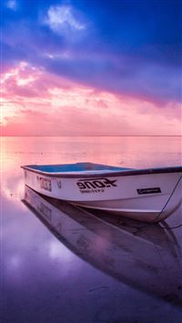 Nature Sea Beach Boat Alone Sunset Blue Pink wallpaper