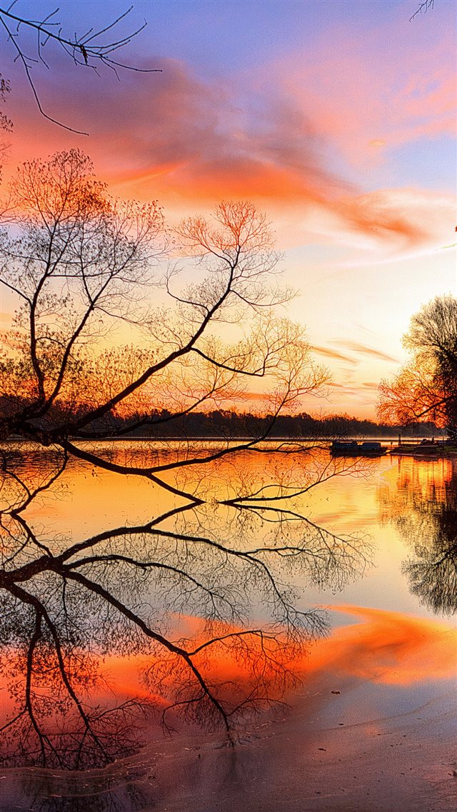 1080x1920 Lake Sunset Trees Landscape Beach Art Night Reflection - yellow iPhone 8 Wallpaper