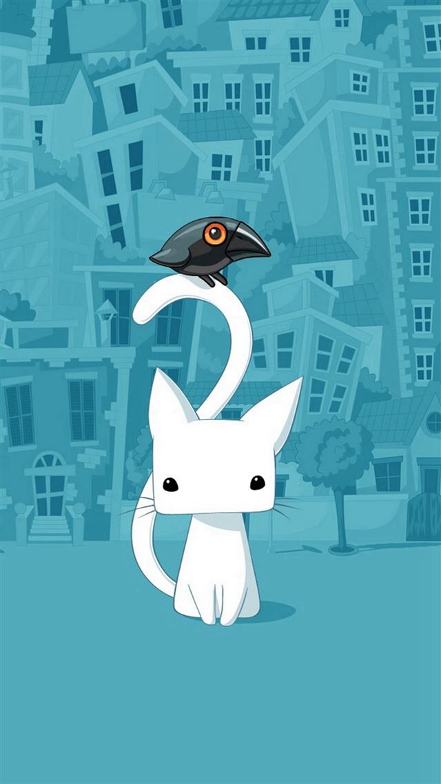 1080x1920 Cute City Bird And Cat Illustration - cute iPhone 8 Wallpaper