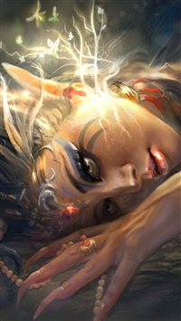 Girl elf ears art light leaves wallpaper