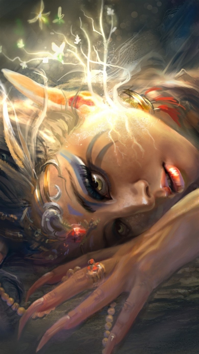 1080x1920 Girl elf ears art light leaves - gray iPhone 8 Wallpaper