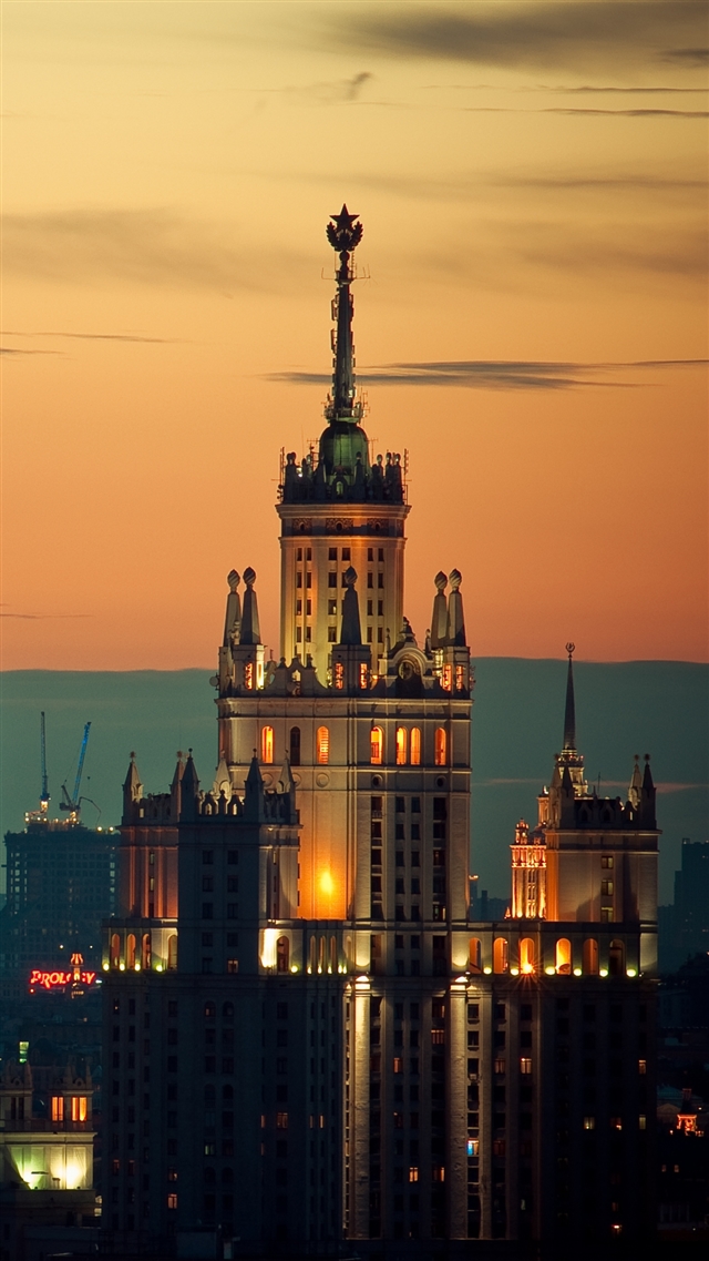 1080x1920 Moscow sunset lights - orange iPhone 8 Wallpaper