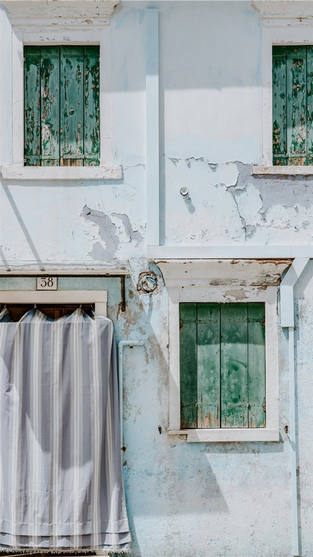1080x1920 Pastel blue house with shutters - window iPhone 8 Wallpaper