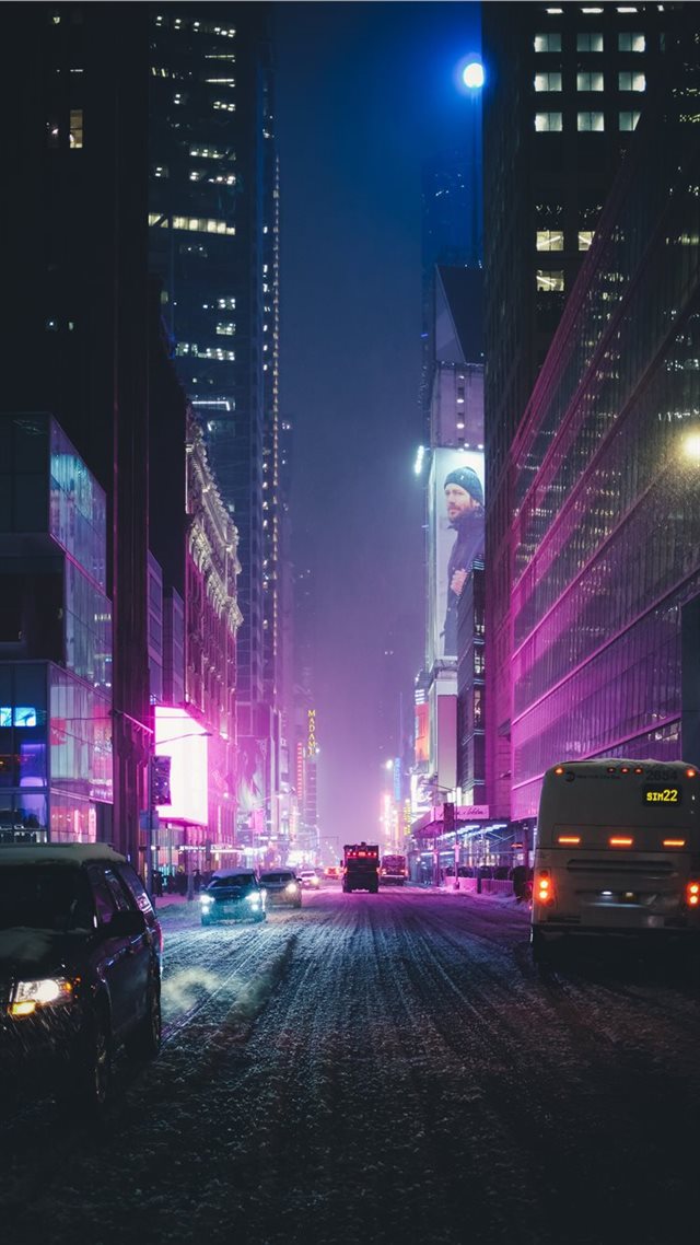 1080x1920 Neon New York under the Snow - road iPhone 8 Wallpaper