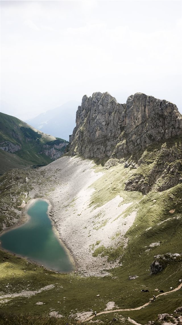 1080x1920 lake on foot of steep cliff - mountain iPhone 8 Wallpaper