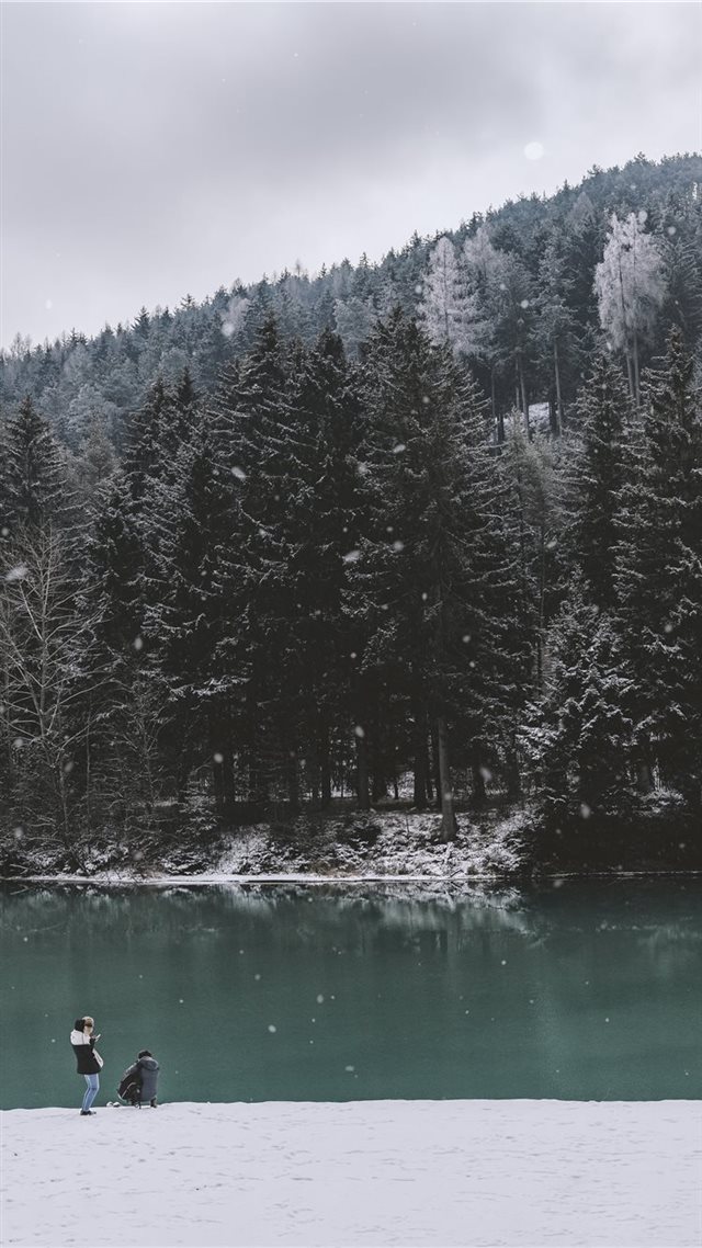 1080x1920 two men on edge of body of water facing pine trees... -  iPhone 8 Wallpaper