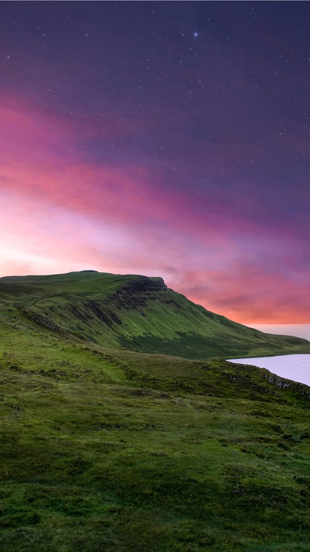 1080x1920 green mountain under purple sky - water iPhone 8 Wallpaper