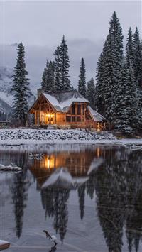 wooden house near pine trees and pond coated with ... wallpaper