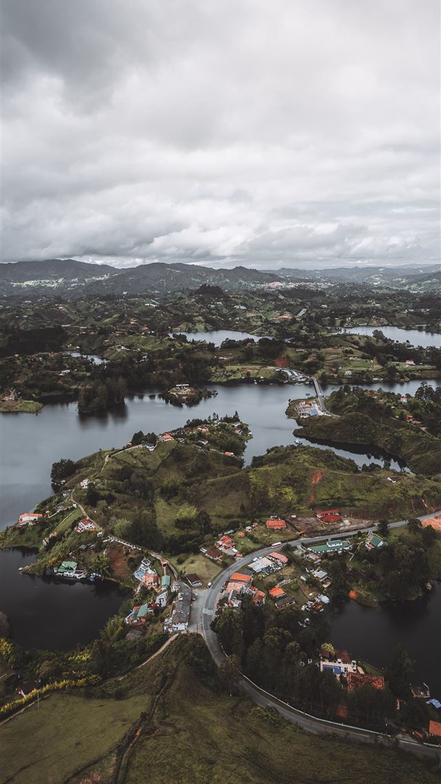 1080x1920 bird's eye view photo of river village - ocean iPhone 8 Wallpaper