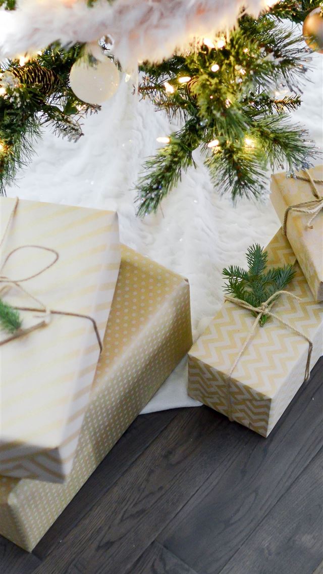 640x1136 four gift boxes under Christmas tree - winter iPhone Wallpaper