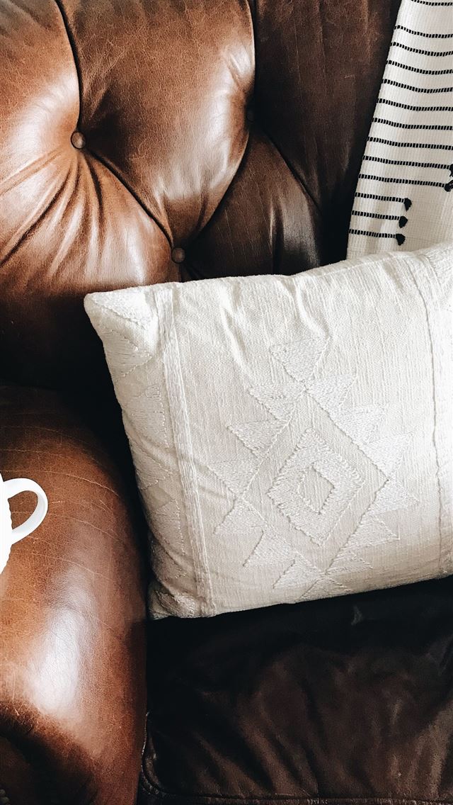 640x1136 square white throw pillow on brown leather sofa ch... - website iPhone Wallpaper