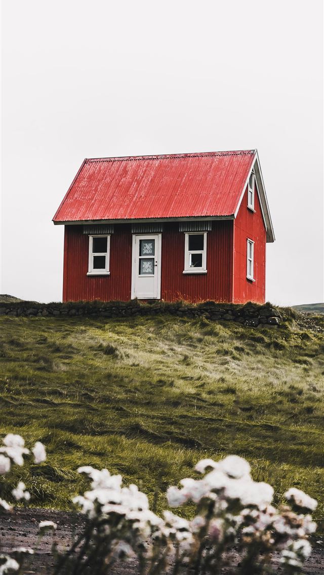640x1136 red and white house surround green grass field - iceland iPhone Wallpaper