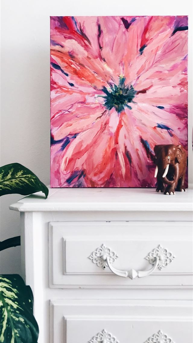 640x1136 painting of pink flower on dresser near white vase - pink iPhone Wallpaper