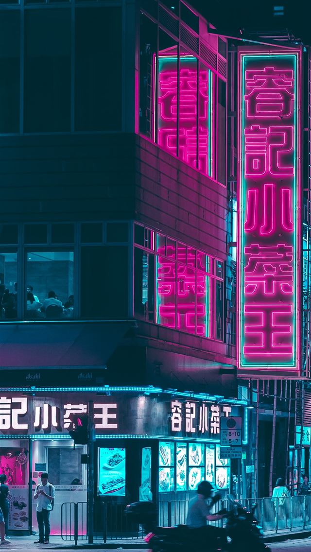 640x1136 man riding motor scooter near store - neon iPhone Wallpaper