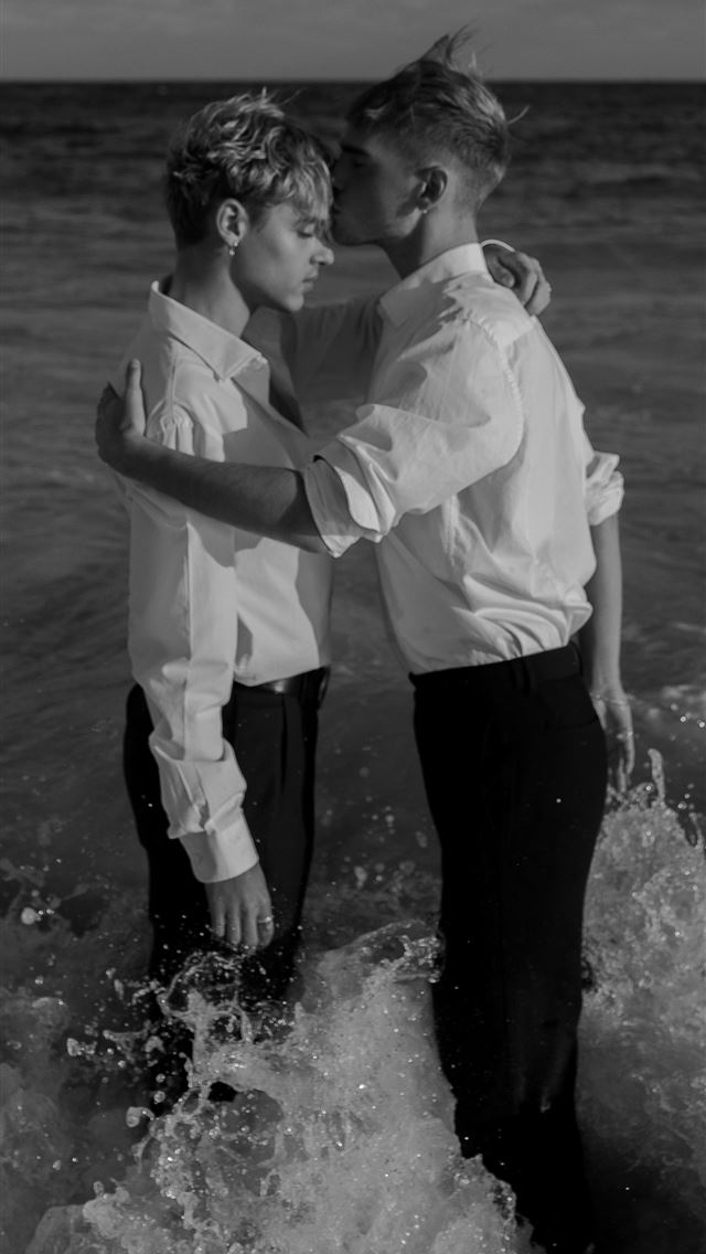 640x1136 grayscale photo of two man standing on body of wat... - water iPhone Wallpaper