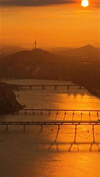aerial view of bridges during sunset wallpaper