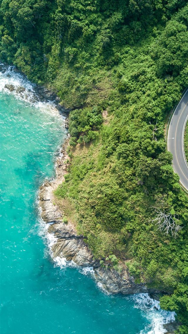 640x1136 bird's eye photography of road near near body of w... - trees iPhone Wallpaper
