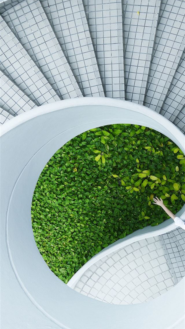 640x1136 woman standing spiral stairs - green iPhone Wallpaper
