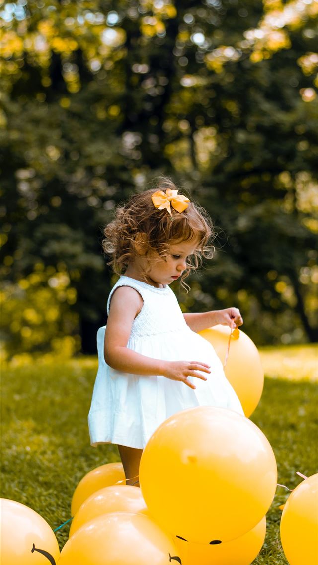 girl wearing white sleeveless dress beside balloon... iPhone wallpaper 