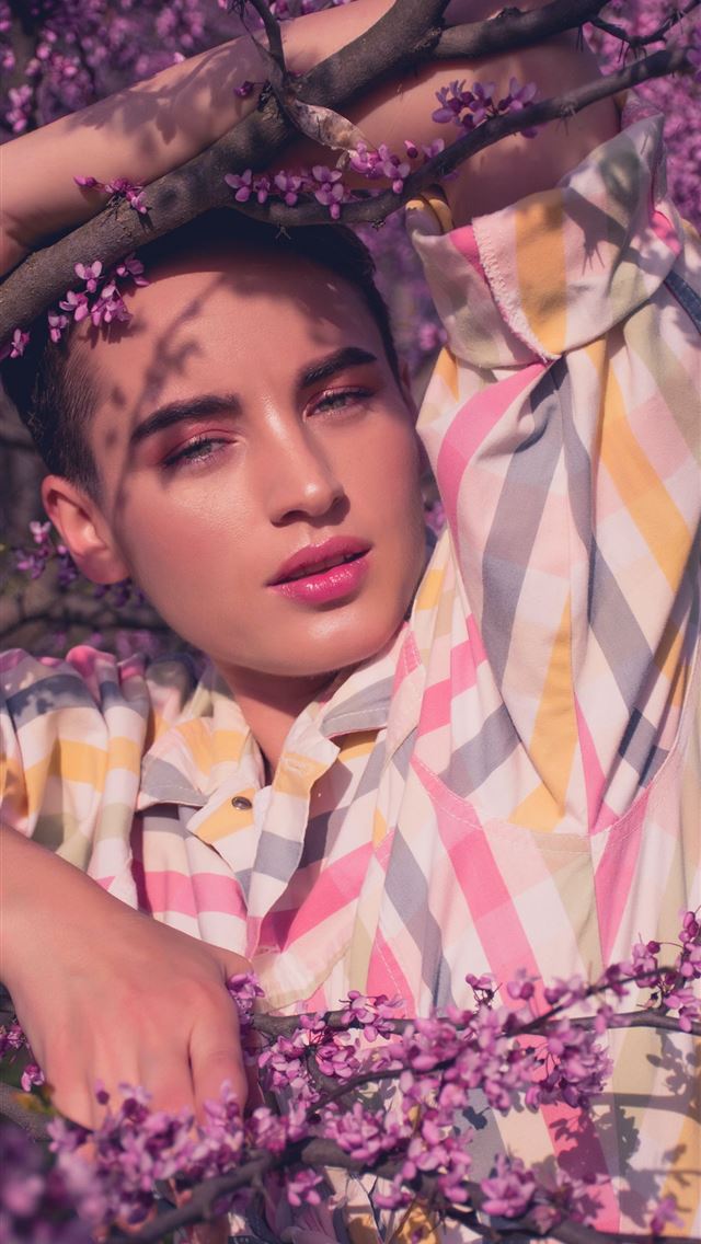 640x1136 model woman taking photo on purple tree at daytime - spring iPhone Wallpaper