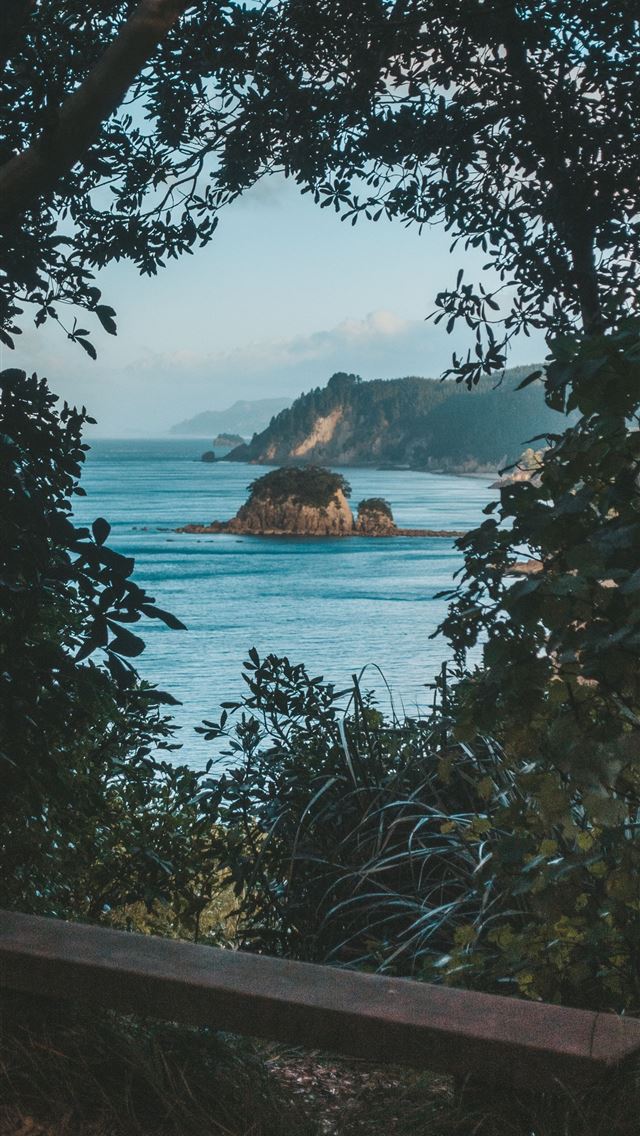 640x1136 brown bench under trees near sea - ocean iPhone Wallpaper
