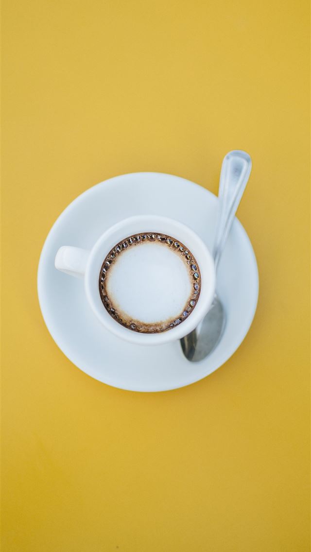 640x1136 filled white teacup on saucer with teaspoon - yellow iPhone Wallpaper
