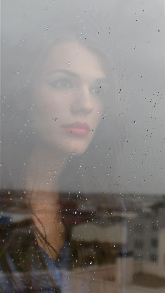 640x1136 woman looking through window - rain iPhone Wallpaper