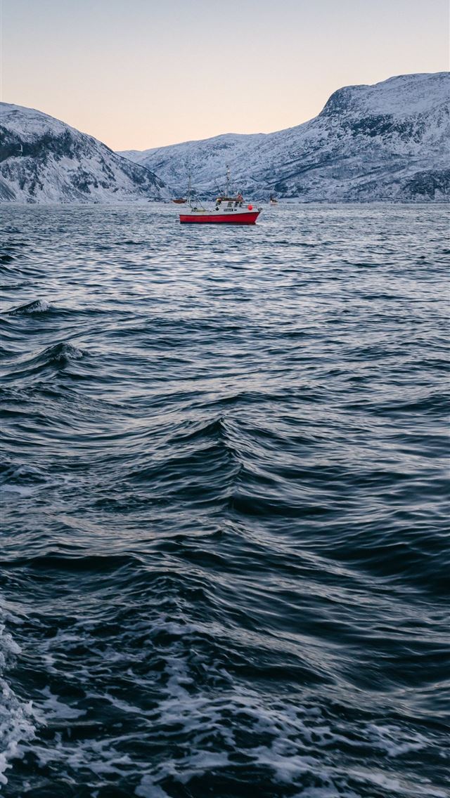 640x1136 red boat in on body of water - norway iPhone Wallpaper