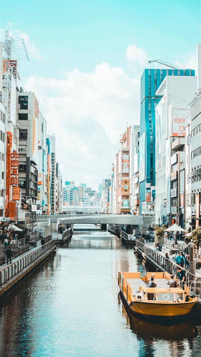 640x1136 river in between street and high rise buildings - osaka iPhone Wallpaper
